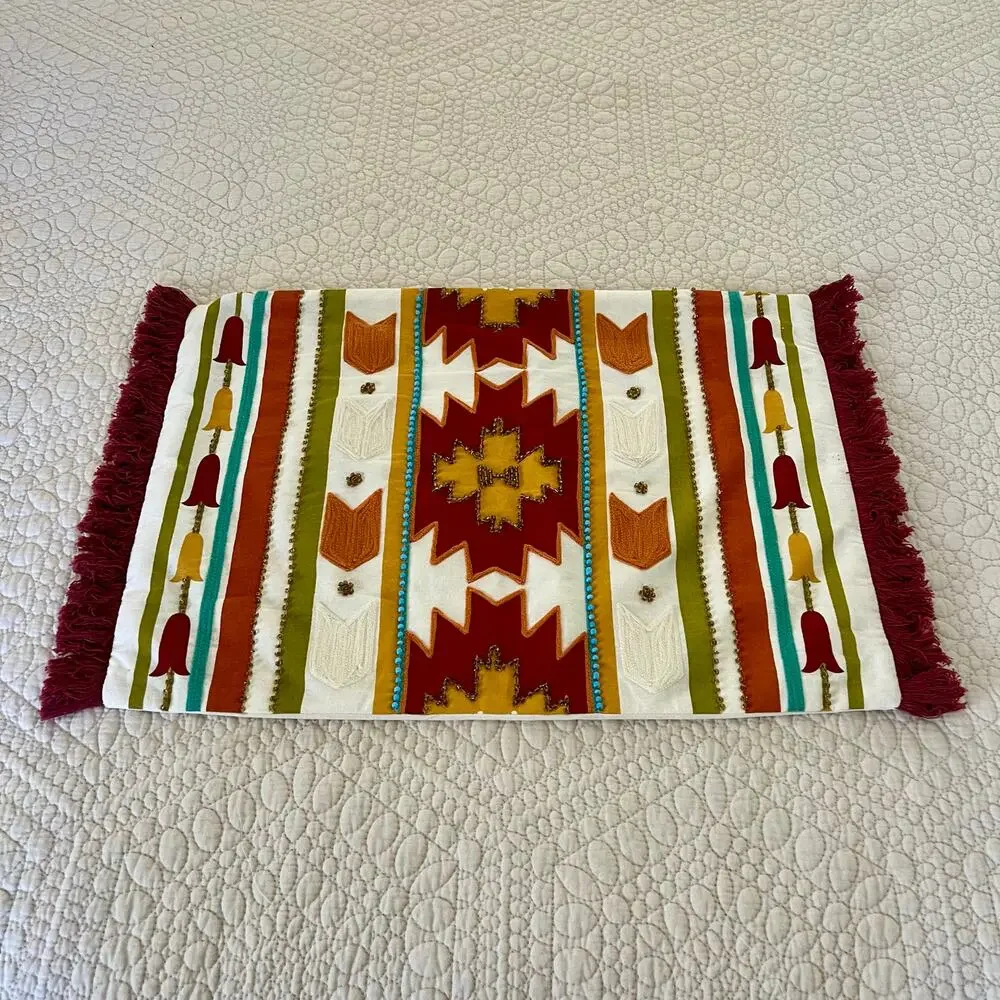 Southwestern Western Lumbar Pillow Cover 20x14 Embroidered Fringe Beaded Cotton